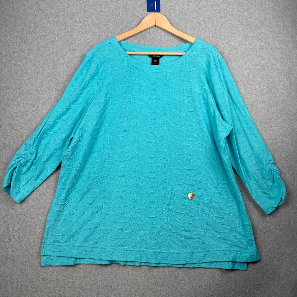 Ali Miles Top Womens XL‎ Teal Blue Textured Knit Cotton Pocket Artsy Lagenlook